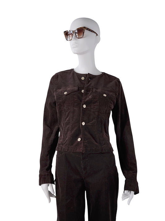 Dunkelbraune, kragenlose Cord-Jacke von 7 For All Mankind