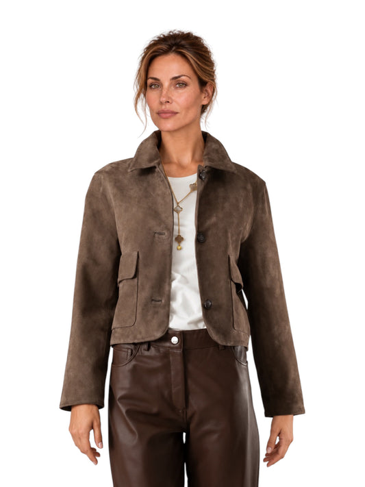 Graubraune kurze Jacke aus Ziegenvelours von Studio AR