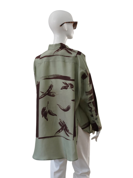 Grün-aubergine gemusterte Seidenbluse von ODEEH – Ansicht 4