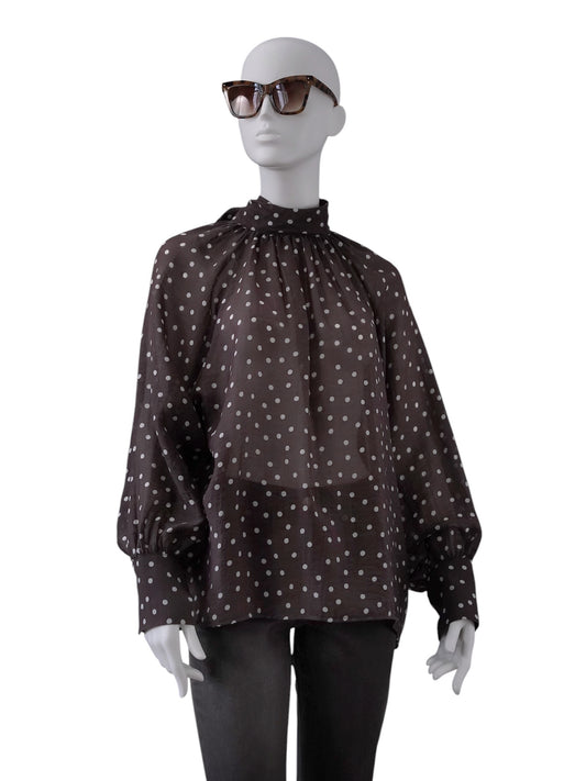 Braune transparente Punkte-Bluse mit Schleife und Ballonärmeln von SoSue
