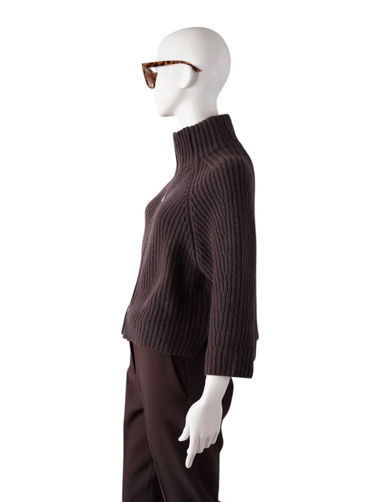 Dunkelbraune Strickjacke mit Reißverschluss und Stehkragen von FFC – Ansicht 3