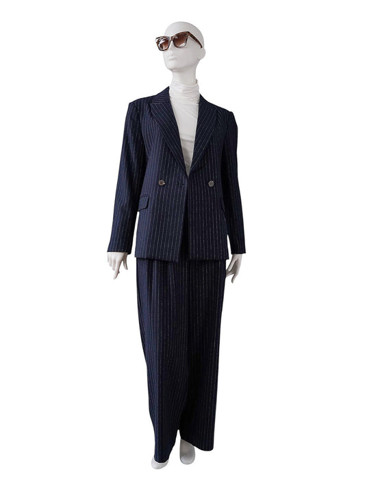 Dunkelblauer zweireihiger Nadelstreifen-Blazer von Alcidia da Veiga – Ansicht 2
