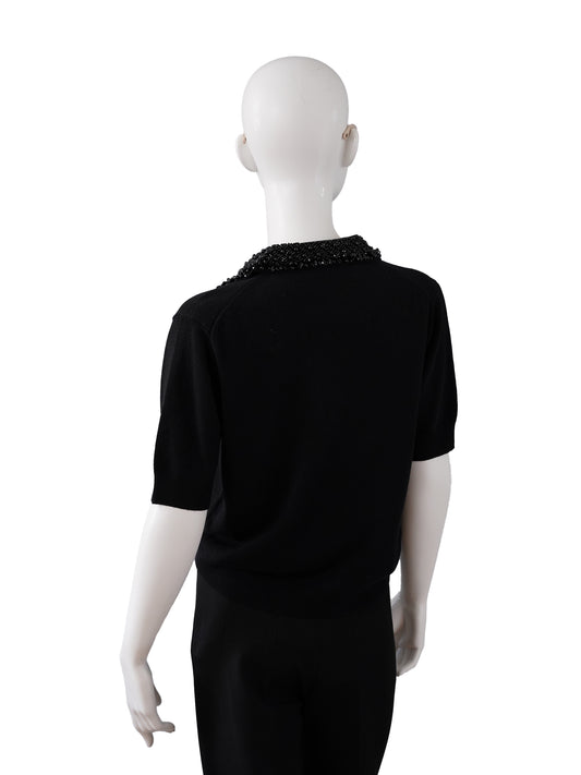 Schwarzes Strick-Polo mit perlenbesetztem Kragen von Semicouture – Ansicht 3