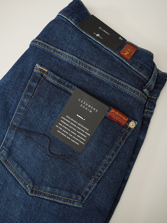 Dunkelblaue Jeans mit Kaschmiranteil von 7 For All Mankind – Gesäßtasche mit Kaschmir-Denim-Anhänger