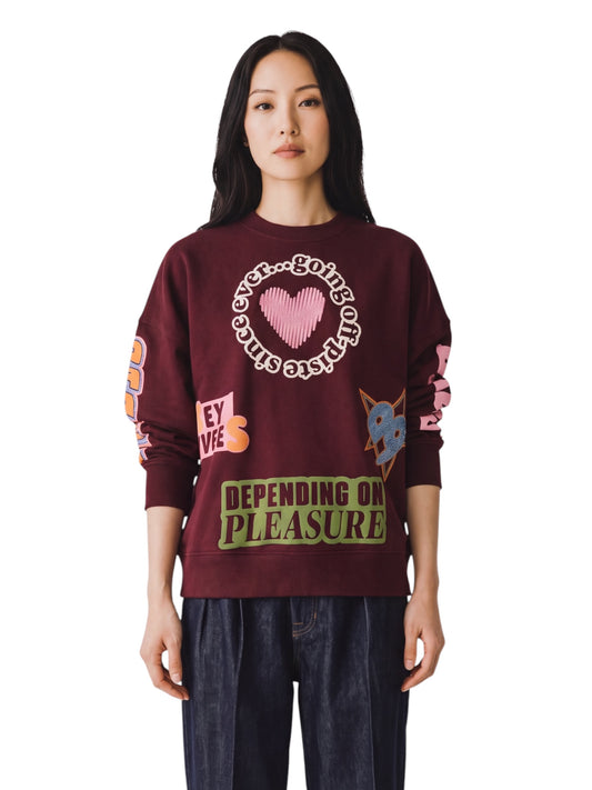 Bordeauxfarbenes Oversize-Sweatshirt mit Prints und Pailletten von Essentiel Antwerp