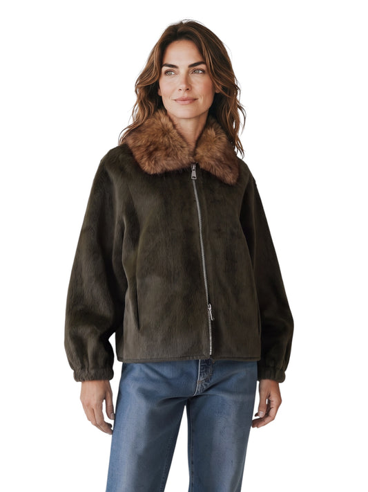 Dunkelgrüne Kunstfell-Jacke mit Zobel-Kragen von Betta Corradi