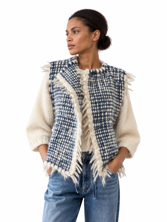 Blau-naturweiße handgewebte Wollweste im Gittermuster von Carpatka