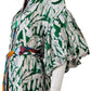 Weiß/Grün, geprintetes Seidenkleid mit Gürtel