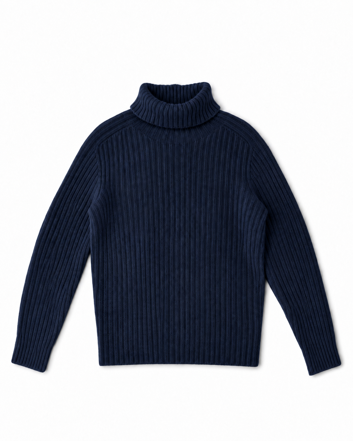 Dunkelblauer Rippstrick-Rollkragenpullover von Glenugie – Vorderansicht