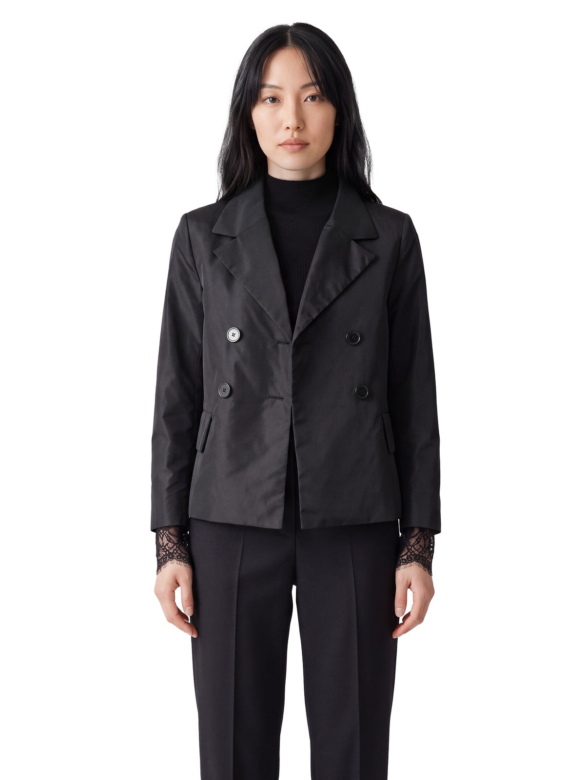Nachtblaue, zweireihige Kurzjacke aus glänzendem Twill von Dorothee Schumacher