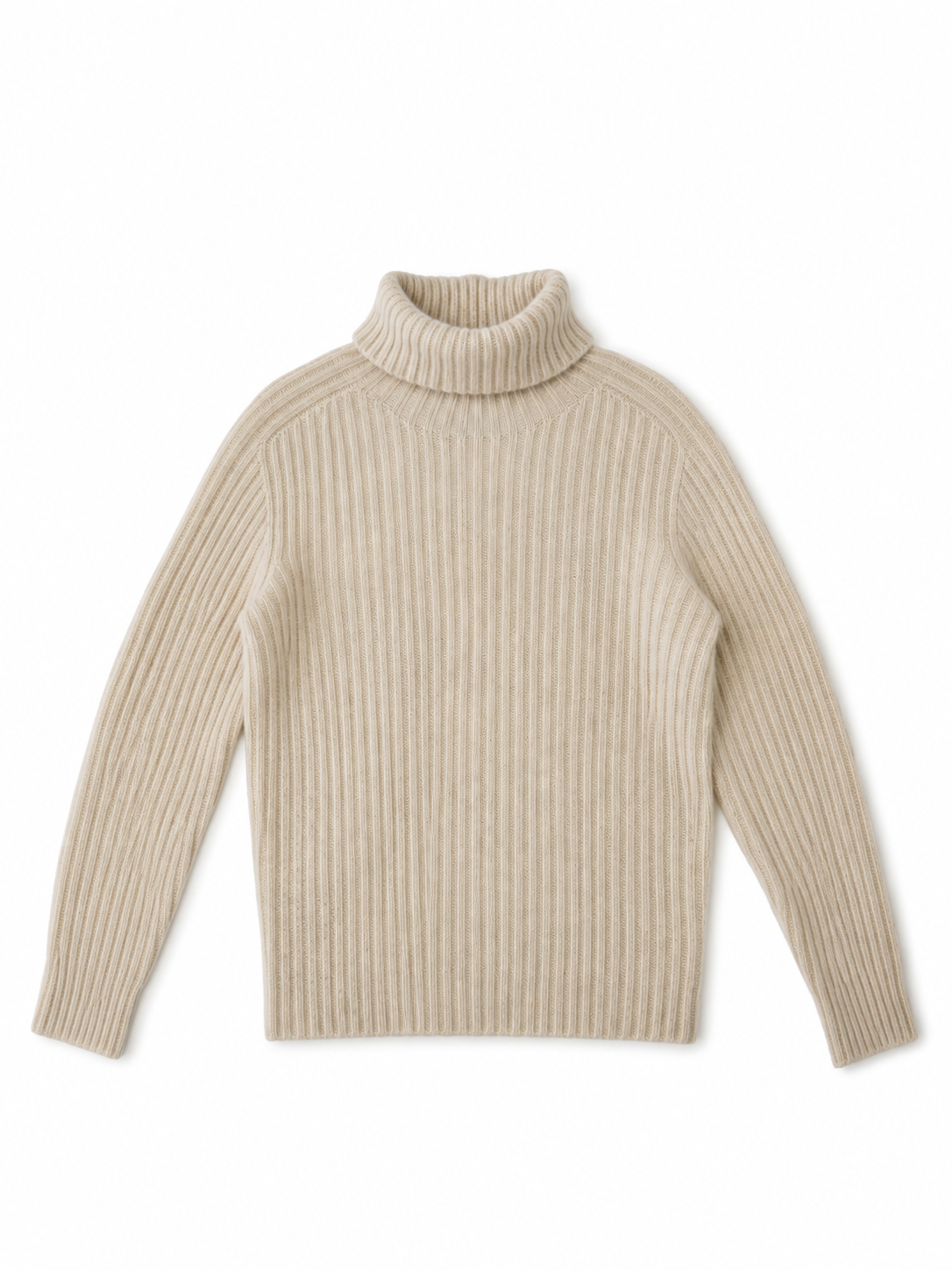 Cremefarbener Rippstrick-Rollkragenpullover von Glenugie – Vorderansicht