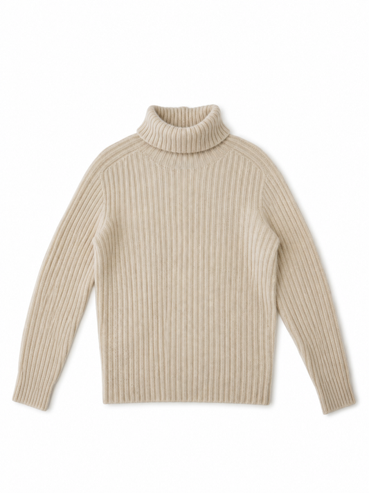 Cremefarbener Rippstrick-Rollkragenpullover von Glenugie – Vorderansicht