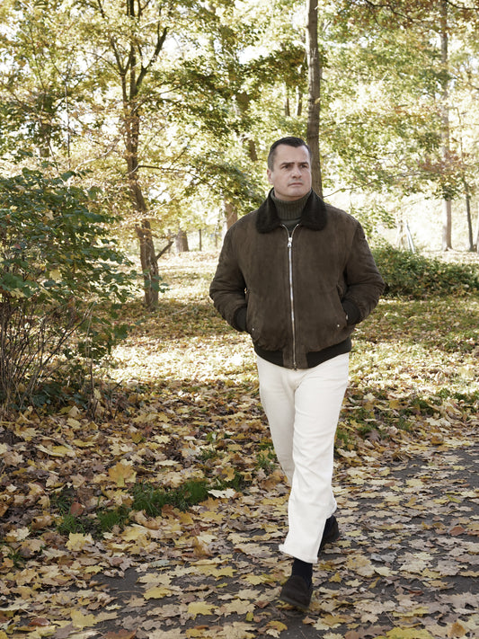 Schlammfarbene Velours-Lederjacke mit Shearling-Kragen von Valstar – Ansicht 2