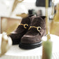 Dunkelbrauner halbhoher Velour-Loafer mit Trense