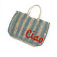Blau/Sandfarbene Bast-Tasche mit orangefarbenem Schriftzug "ciao"