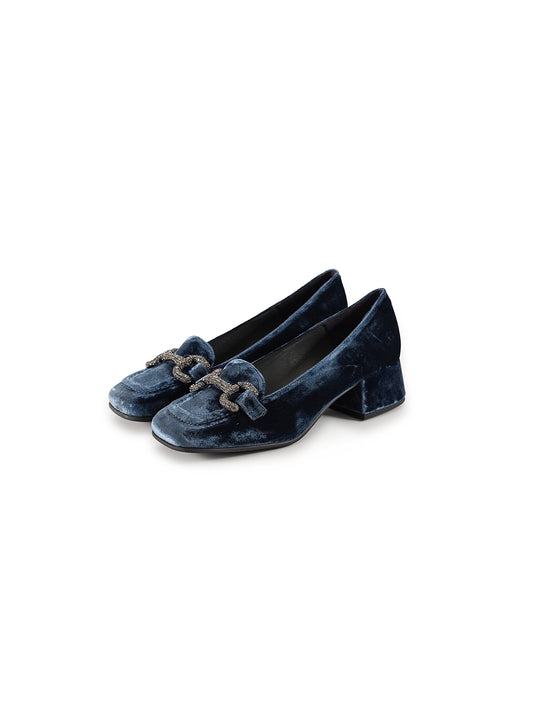 Blauer Samt-Pumps im Loafer-Look von Pedro Miralles