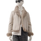 Steinfarbene Fake-Fur Lederjacke im Bikerlook