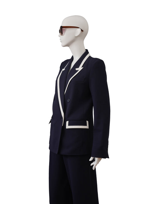 Dunkelblauer, zweireihiger Oversize-Blazer mit weißer Paspel von Essentiel Antwerp