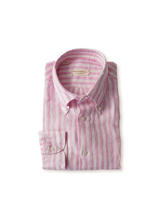 Rosa-weiß gestreiftes Leinen-Hemd mit Button-Down von Record Lux
