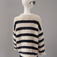 Creme/Dunkelblauer gestreifter Pullover mit Knopf-Details