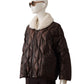 Dunkelbraune Oversize-Steppjacke mit Fake-Fur Kragen