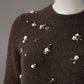 Von Hand bestickter brauner Kurzarm-Pullover