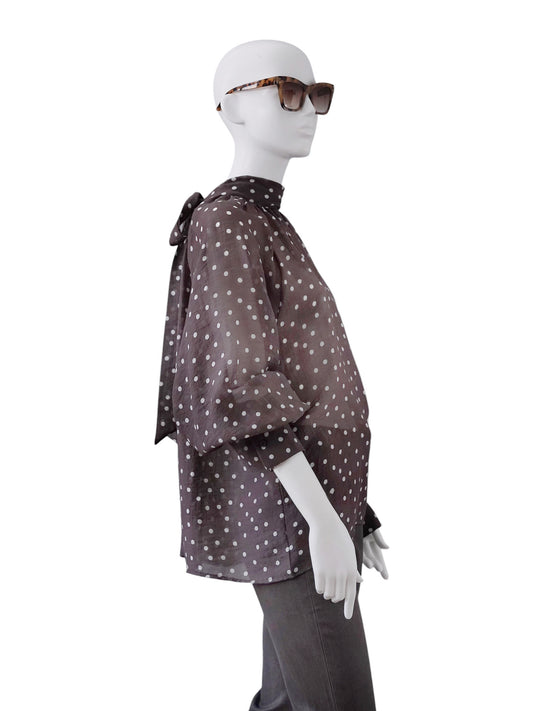 Braune transparente Punkte-Bluse mit Schleife und Ballonärmeln von SoSue – Ansicht 3