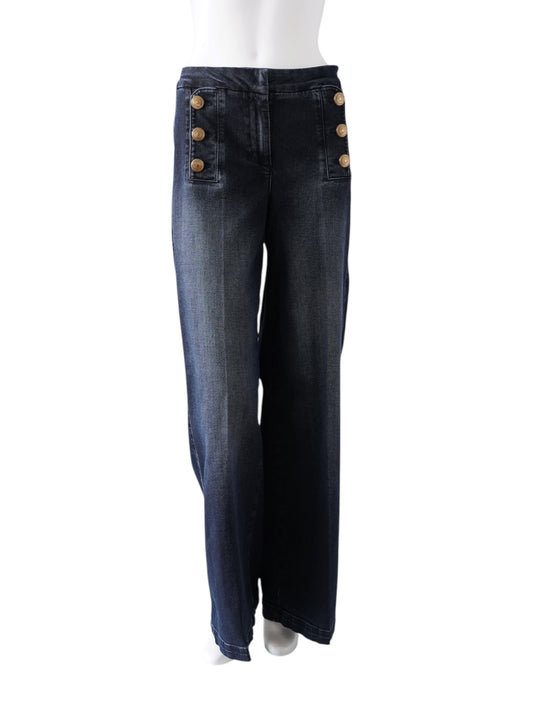 Dunkelblaue Sailor-Jeans „Bridget“ mit goldenen Knöpfen von Seductive – Ansicht 2