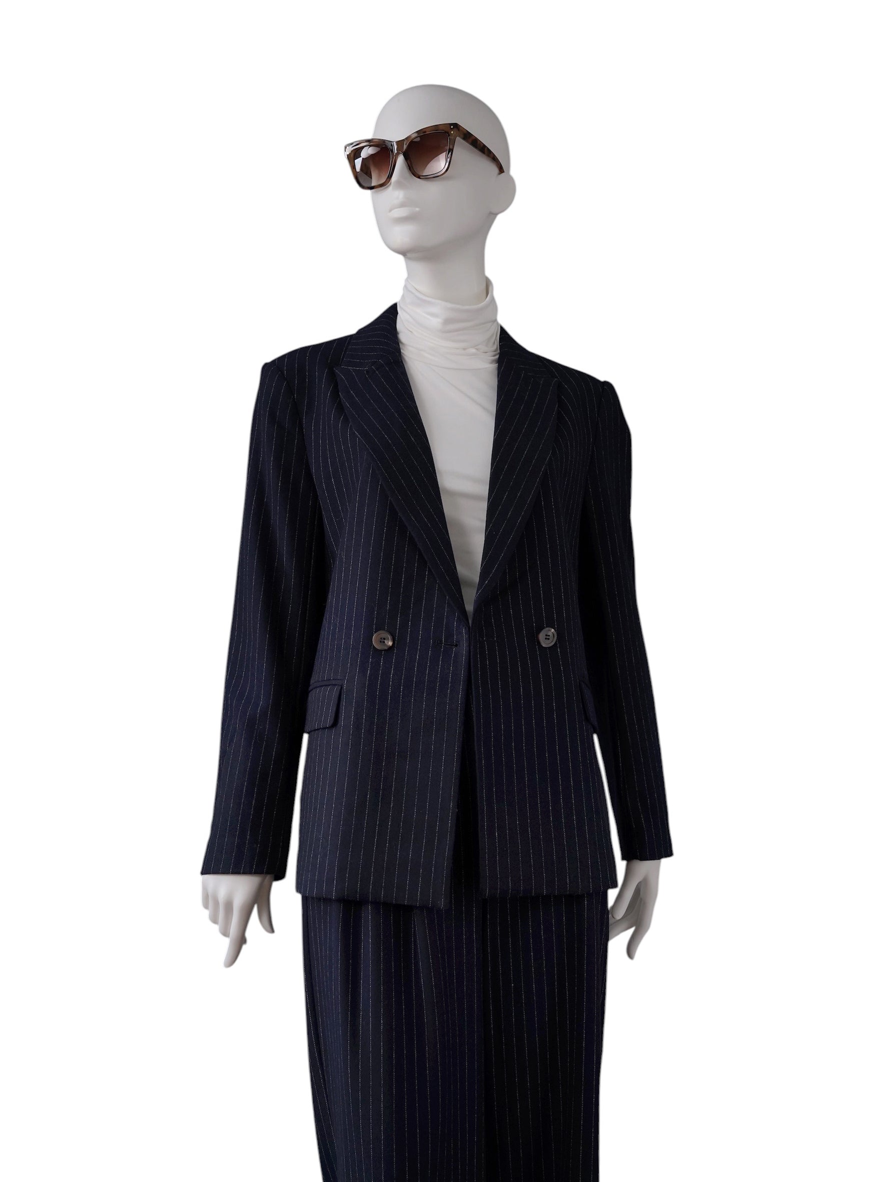Dunkelblauer zweireihiger Nadelstreifen-Blazer von Alcidia da Veiga