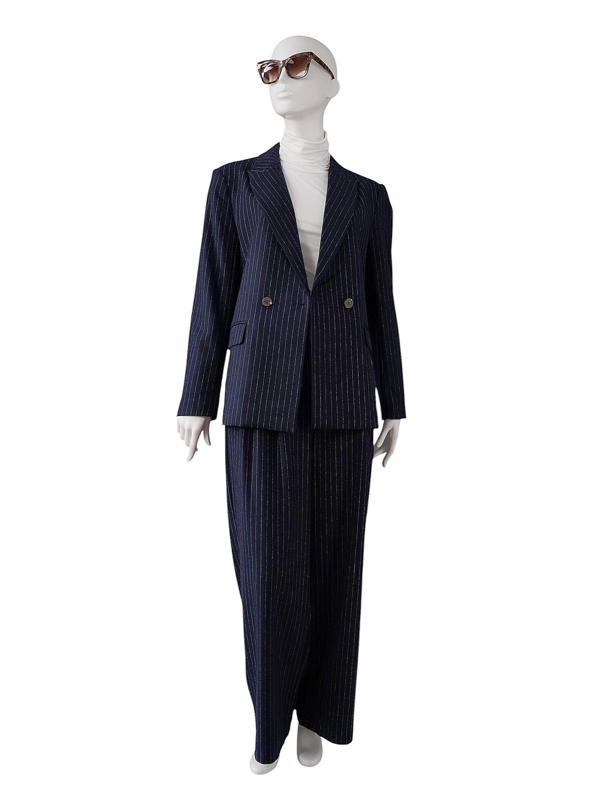 Dunkelblauer zweireihiger Nadelstreifen-Blazer von Alcidia da Veiga – Ansicht 3
