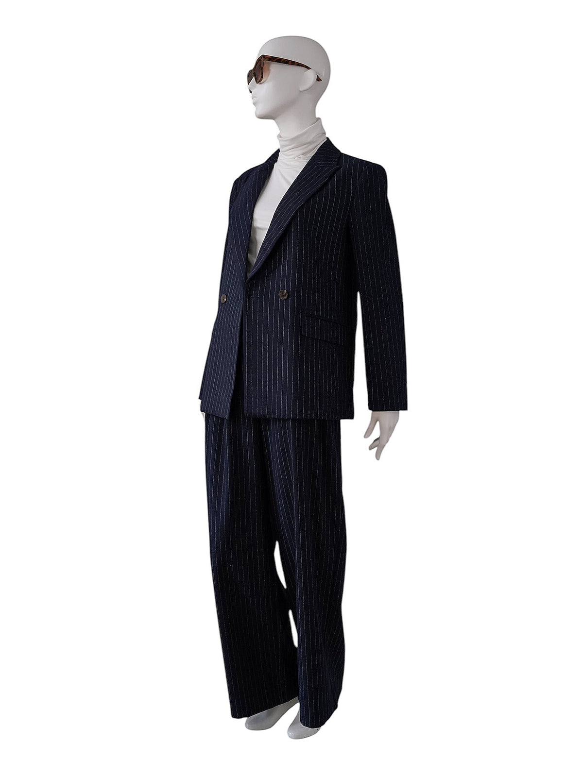 Dunkelblauer zweireihiger Nadelstreifen-Blazer von Alcidia da Veiga – Ansicht 4