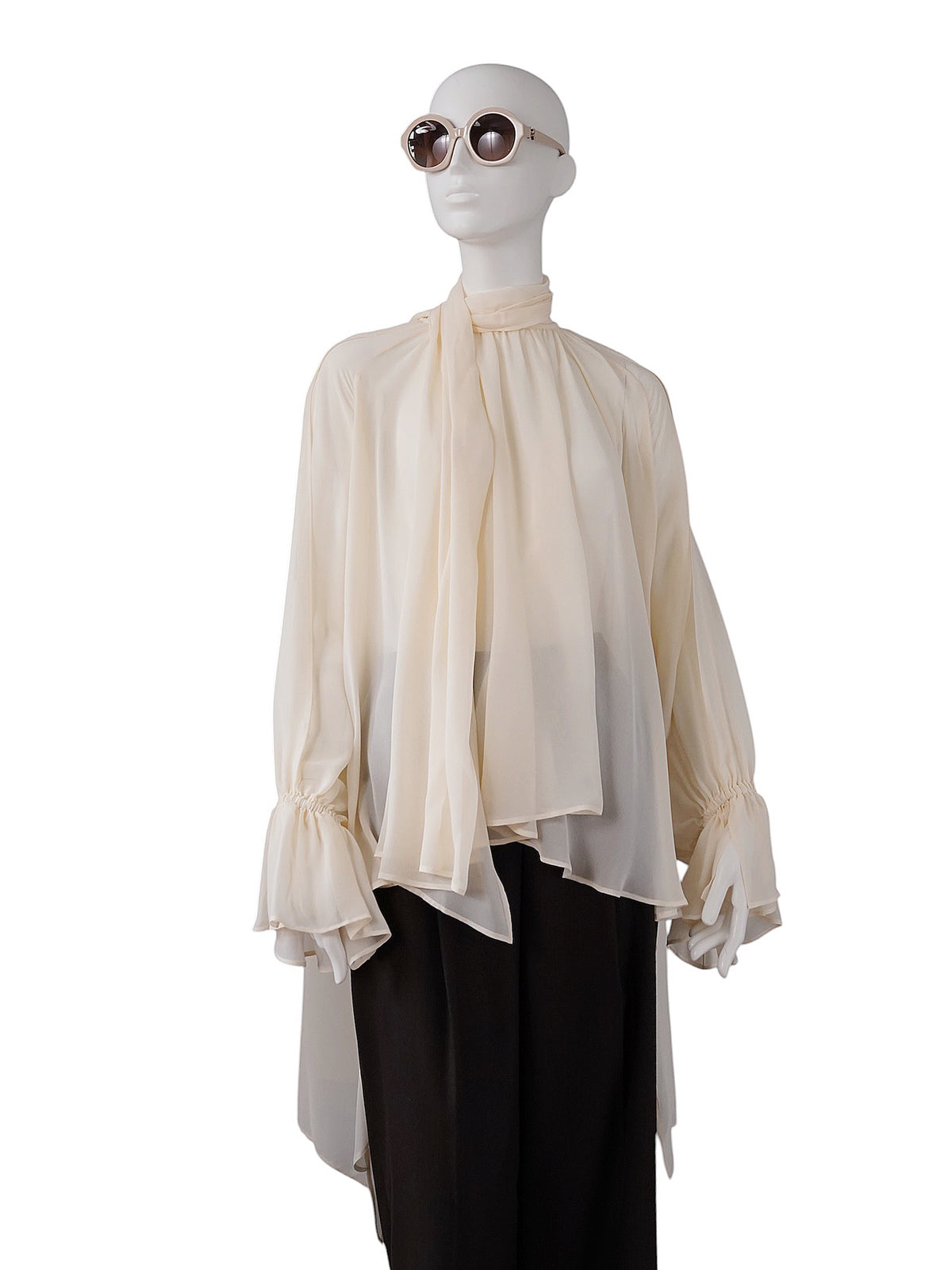 Cremefarbene Chiffon-Bluse mit Schluppe und Volantärmeln von Semicouture – Ansicht 6