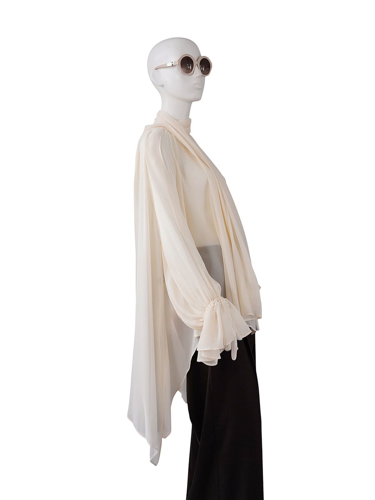 Cremefarbene Chiffon-Bluse mit Schluppe und Volantärmeln von Semicouture – Ansicht 2