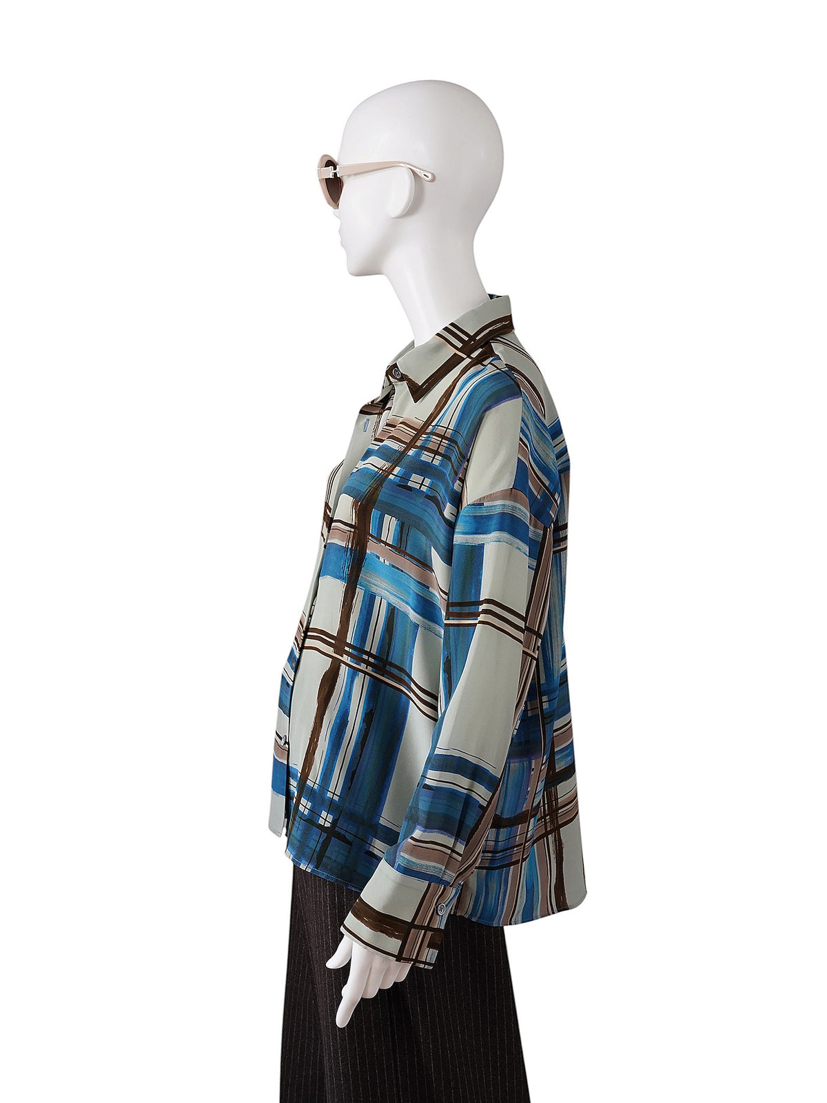 Blau-salbeifarben karierte Seidenbluse mit Pinselstrich-Muster von ODEEH – Ansicht 2