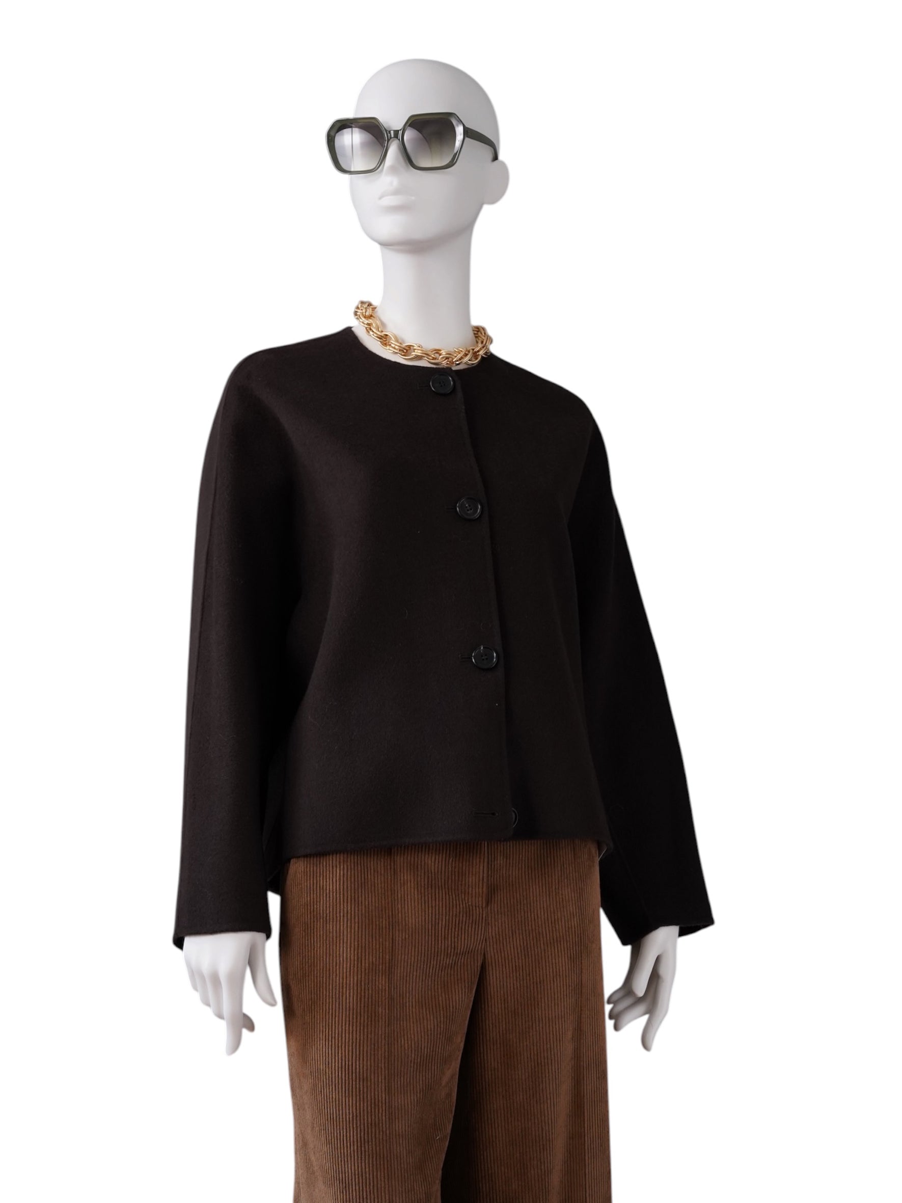 Schokoladenbraune Wolljacke mit abnehmbarem Schal von FFC – Ansicht 2
