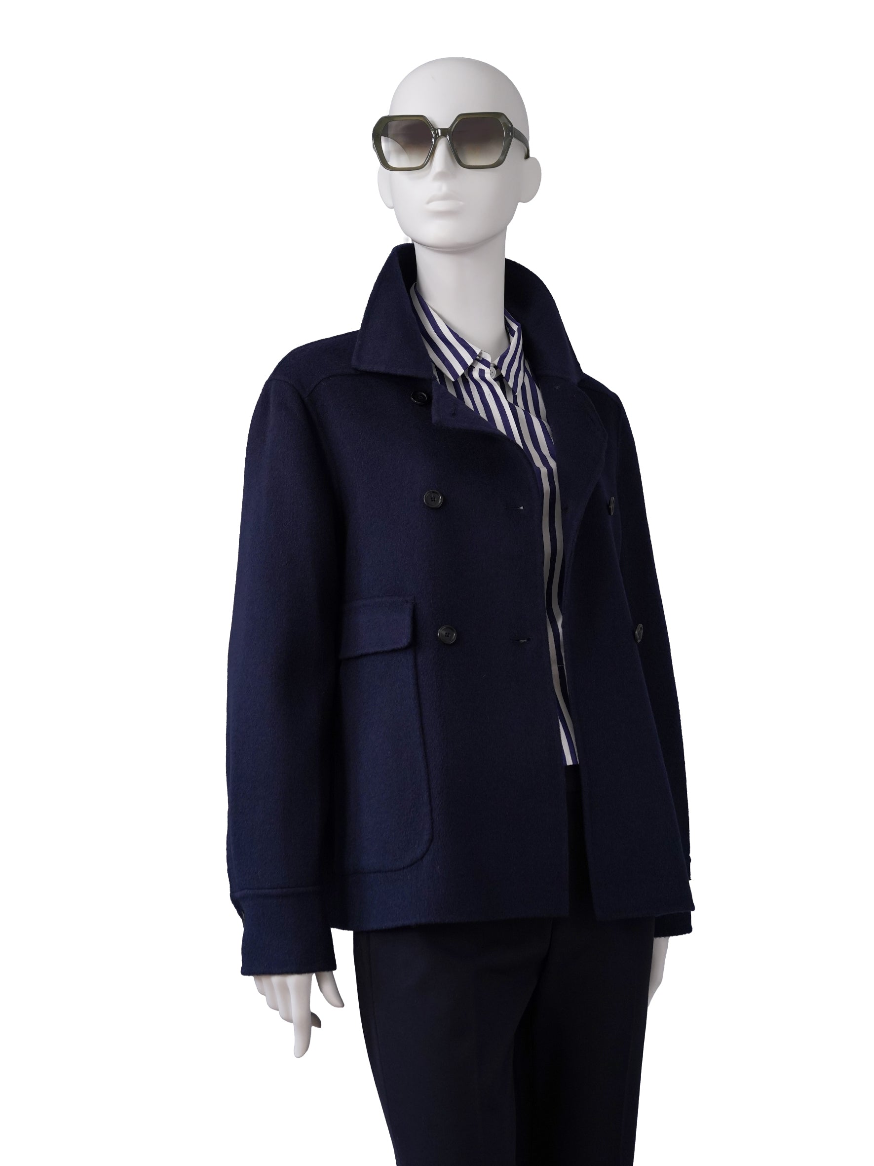 Dunkelblaue Double-Face Cabanjacke aus Wolle und Cashmere von ODEEH – Ansicht 4