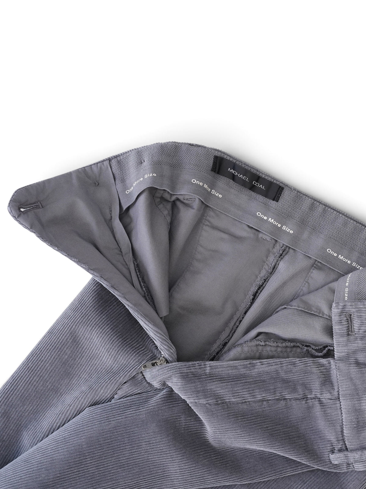 Graue Cordhose von Michael Coal – Seitenansicht mit hinterer Paspeltasche