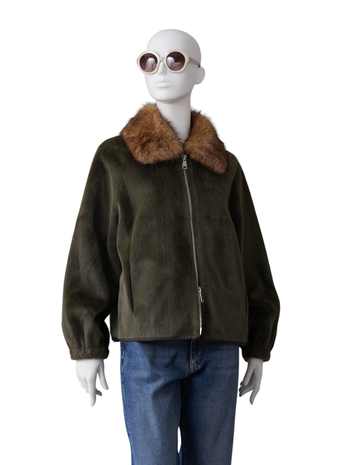 Dunkelgrüne Kunstfell-Jacke mit Zobel-Kragen von Betta Corradi – Ansicht 4