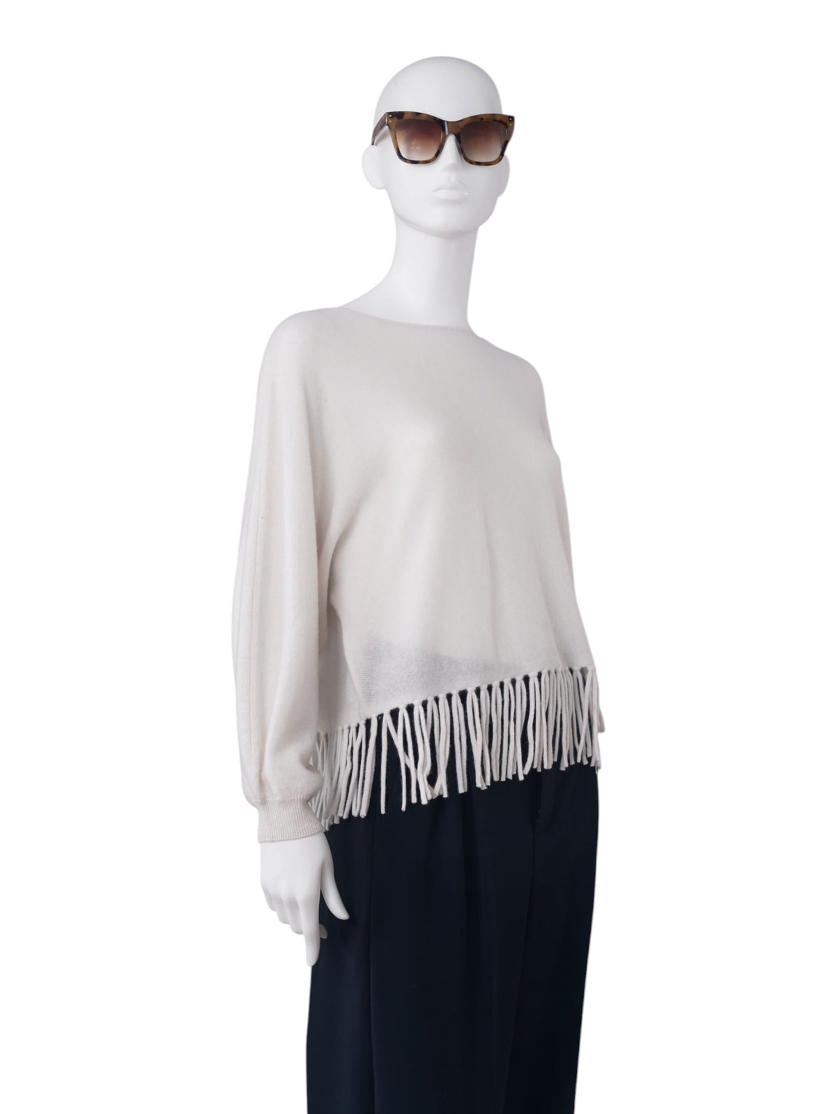 Cremefarbener Cashmere-Pullover mit Fransensaum von S.Marlon