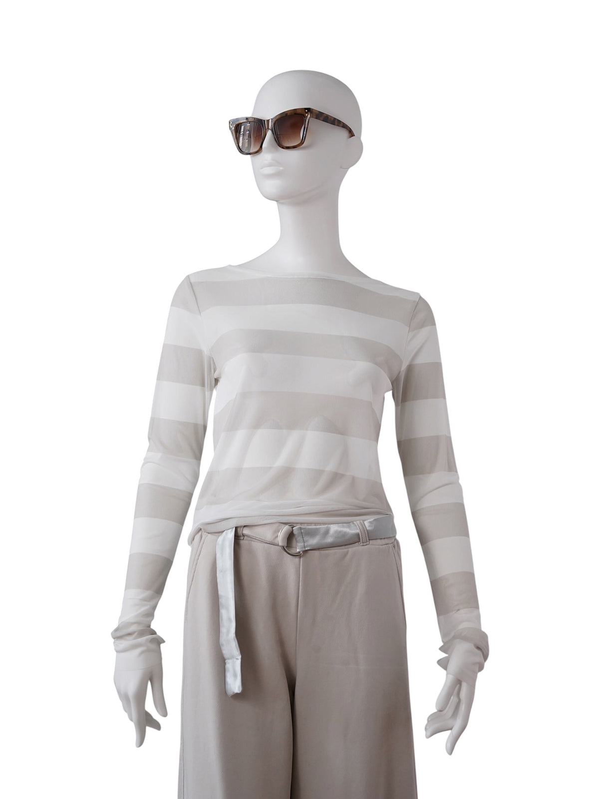 Weiß/Stone gestreiftes Mesh-Longsleeve von 10days