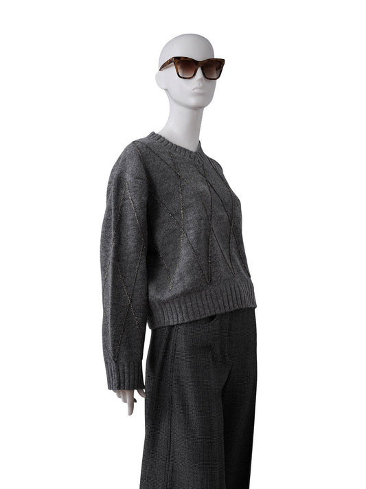 Grauer Strickpullover mit goldenem Rautenmuster von Dorothee Schumacher – Ansicht 4