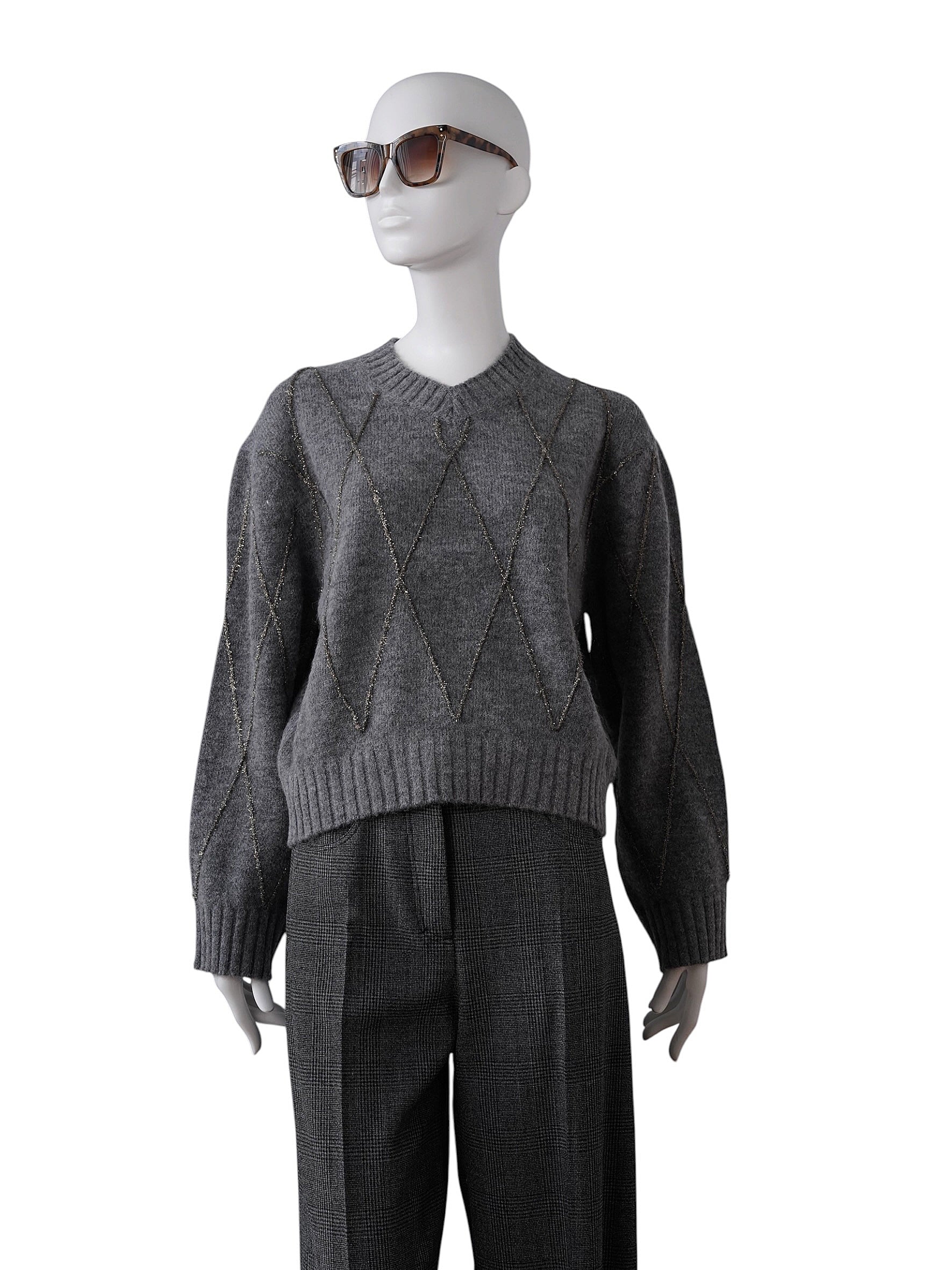 Grauer Strickpullover mit goldenem Rautenmuster von Dorothee Schumacher – Ansicht 6
