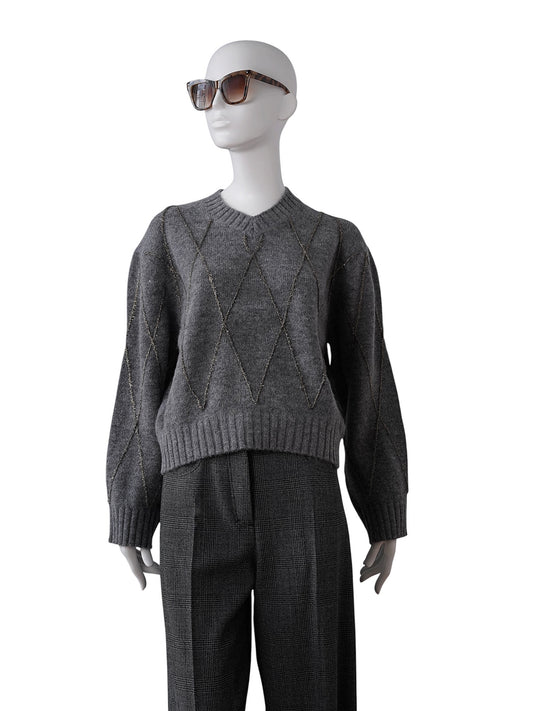 Grauer Strickpullover mit goldenem Rautenmuster von Dorothee Schumacher – Ansicht 6