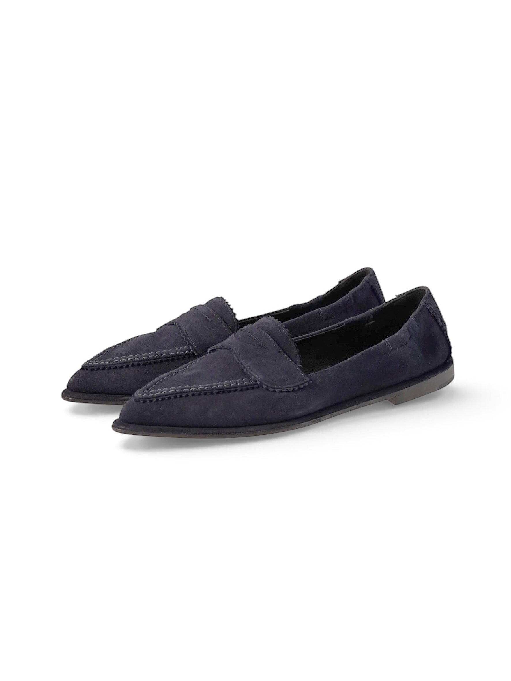 Dunkelblauer Pomme d'Or Loafer aus Veloursleder mit spitzer Form und Penny-Riegel