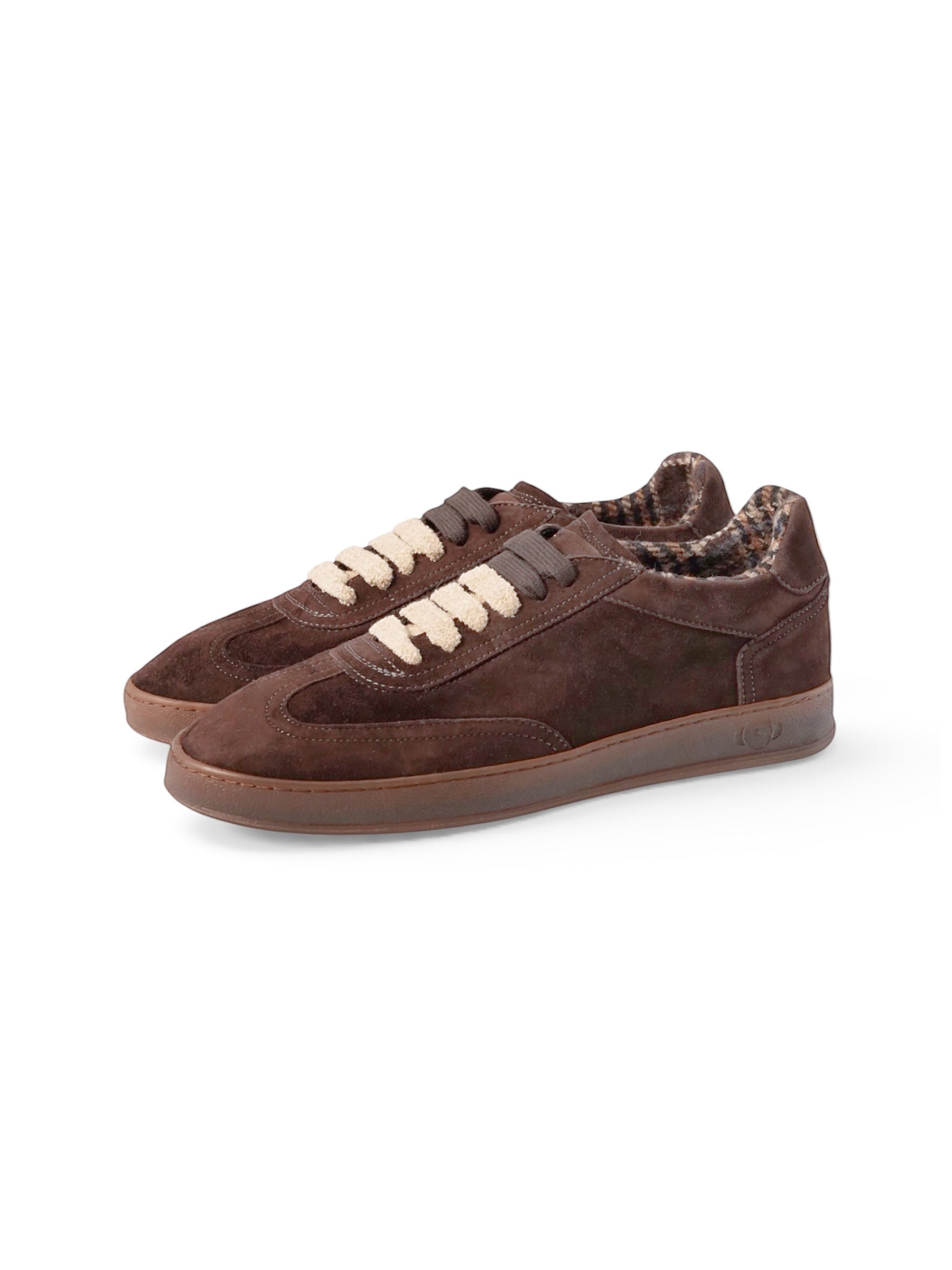 Dunkelbrauner Veloursleder-Sneaker von Soldini mit kariertem Textilfutter und zweifarbiger Kord-Schnürung