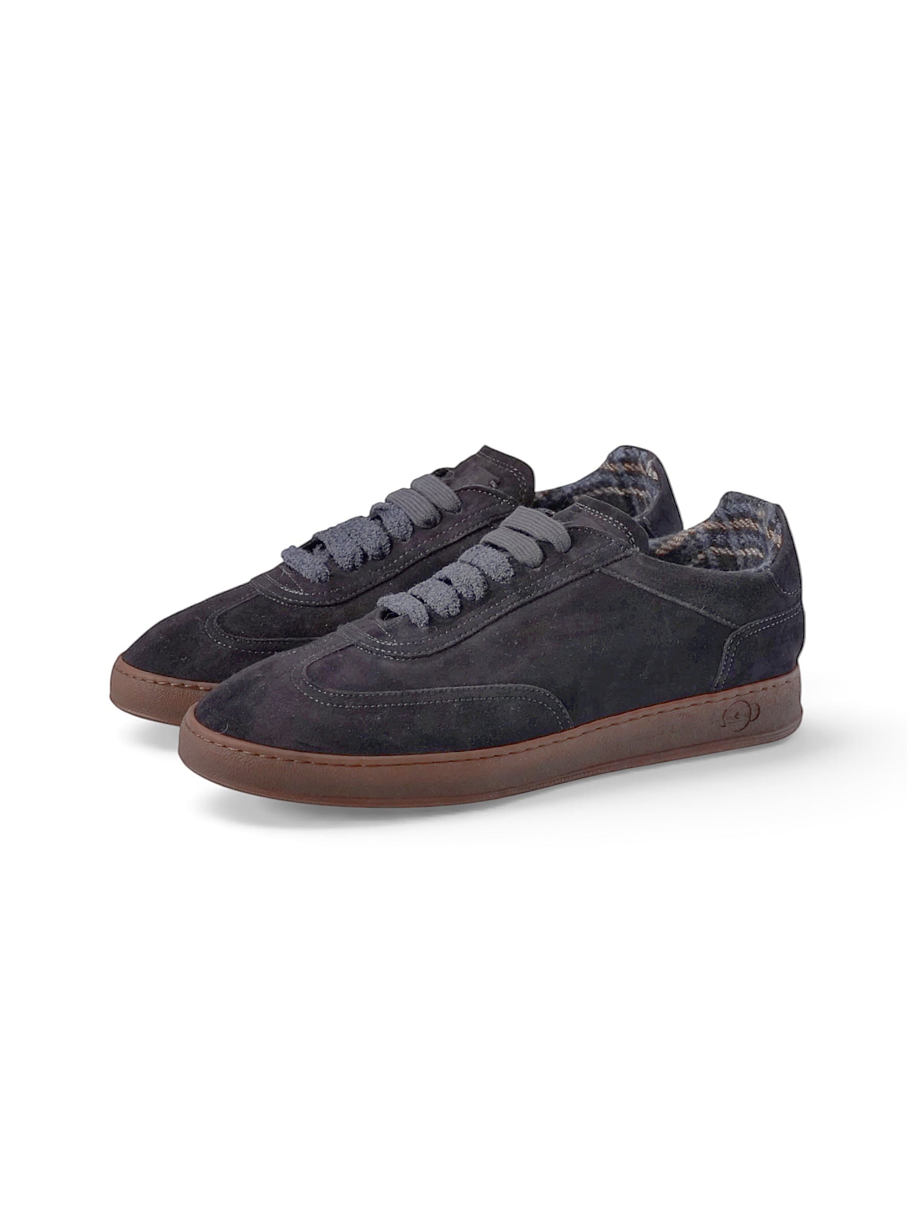 Dunkelblauer Veloursleder-Sneaker von Soldini mit kariertem Textilfutter
