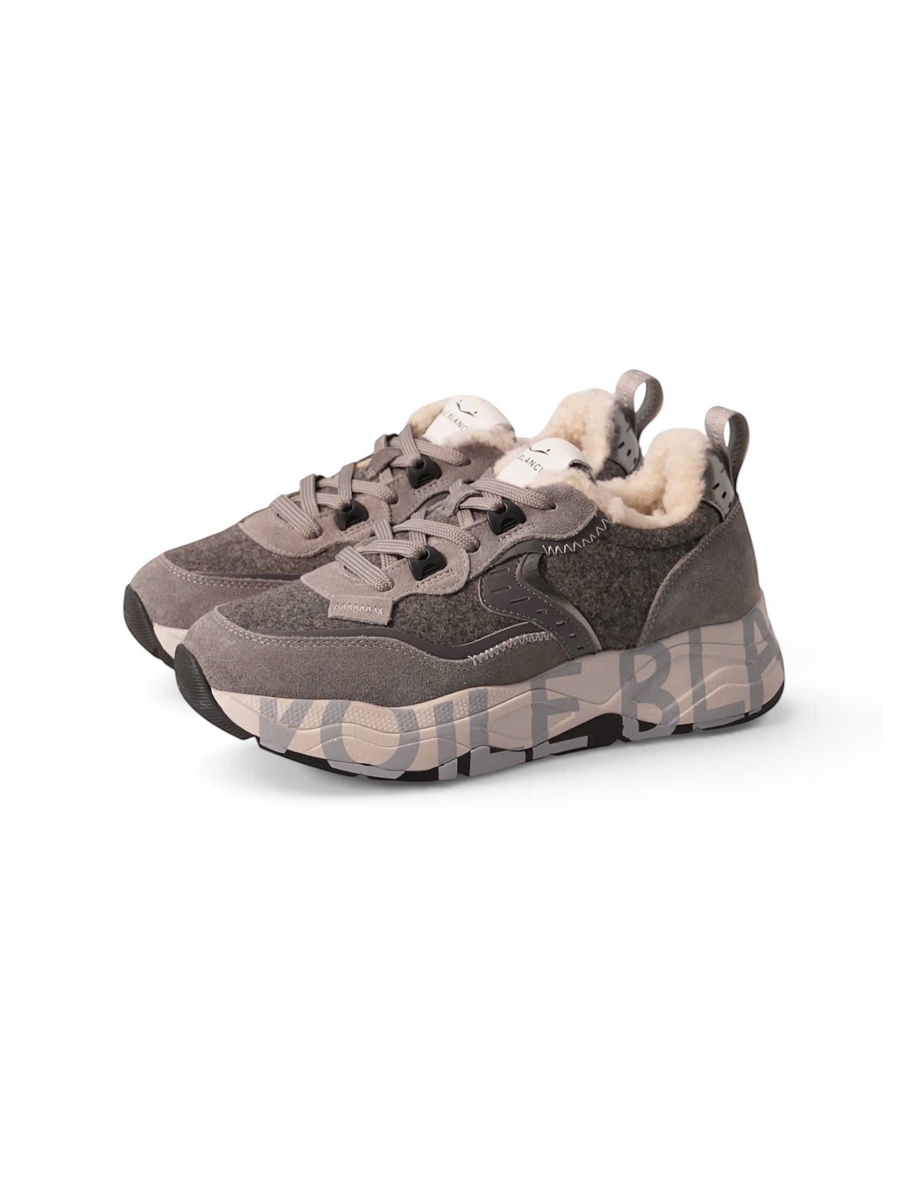 Grauer Voile Blanche Chunky-Sneaker aus Veloursleder und Wollfilz mit Lammfell-Fütterung