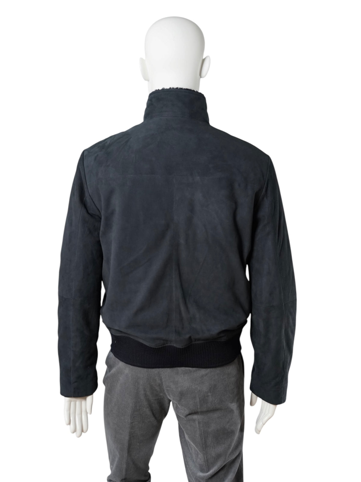 Dunkelblaue Lederjacke aus Veloursleder mit Shearling-Kragen von Corneliani – Ansicht 3