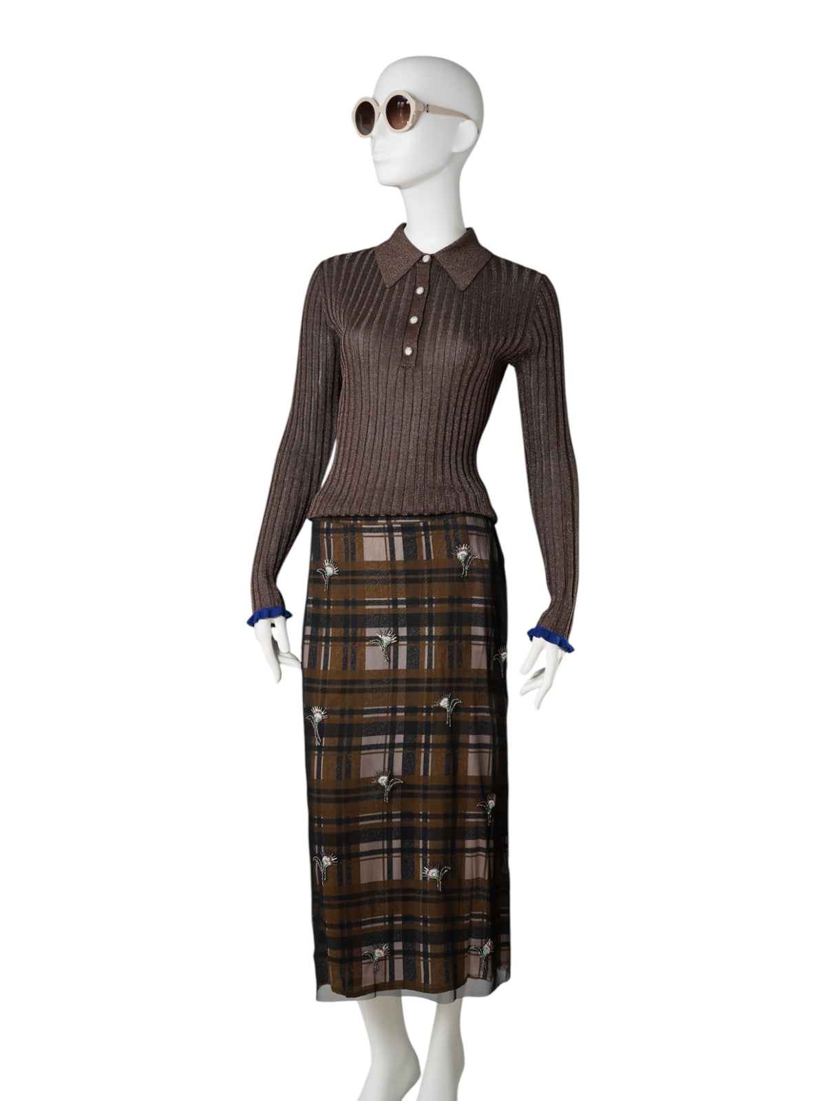 Karierter Mesh-Midirock mit Perlenstickereien von Essentiel Antwerp – Ansicht 5