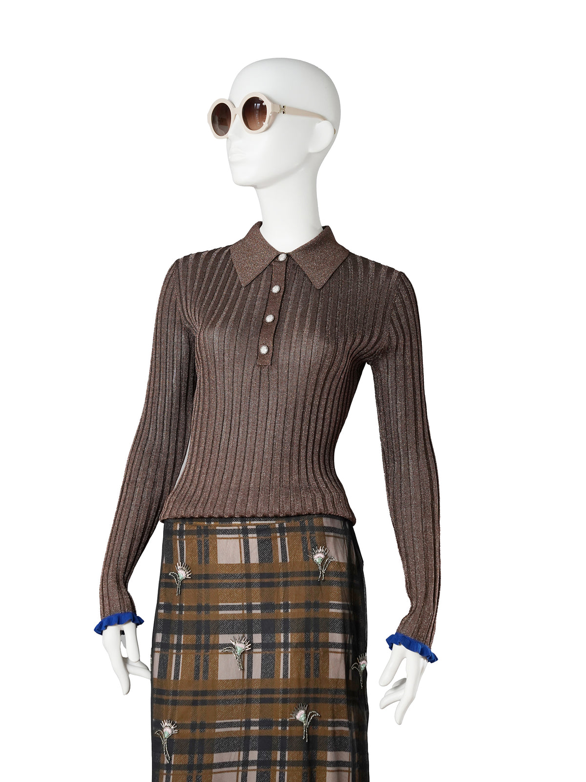 Braunes Lurex-Poloshirt aus Rippstrick von Essentiel Antwerp – Ansicht 3